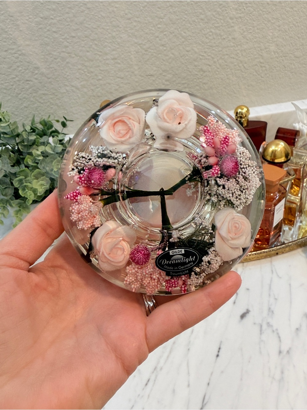 Gilde Dreamlight Glass Candle Holder with Flowers "Little Rose' Made in Germany - Picture 8 of 15